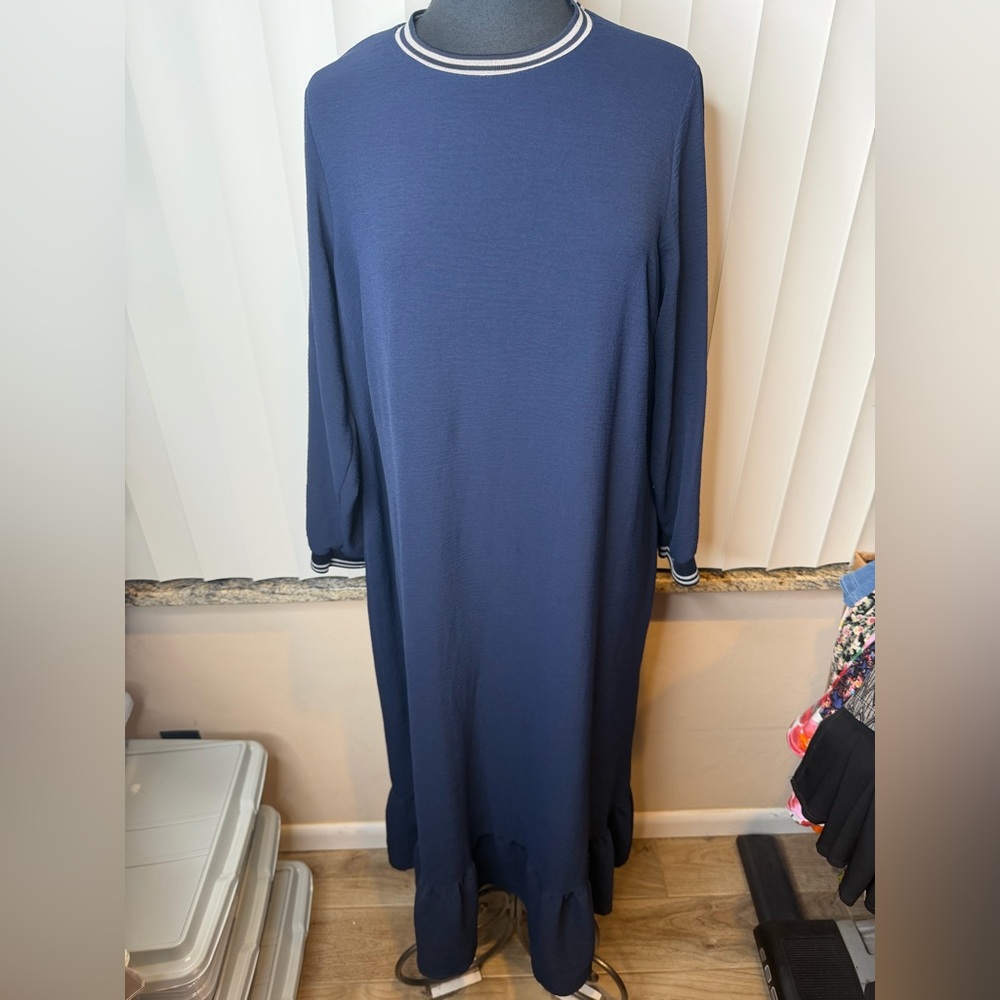 Zura Modest Chiffon Long Sleeve Silver Detail Long Maxi Dress Marina Blue Size 2